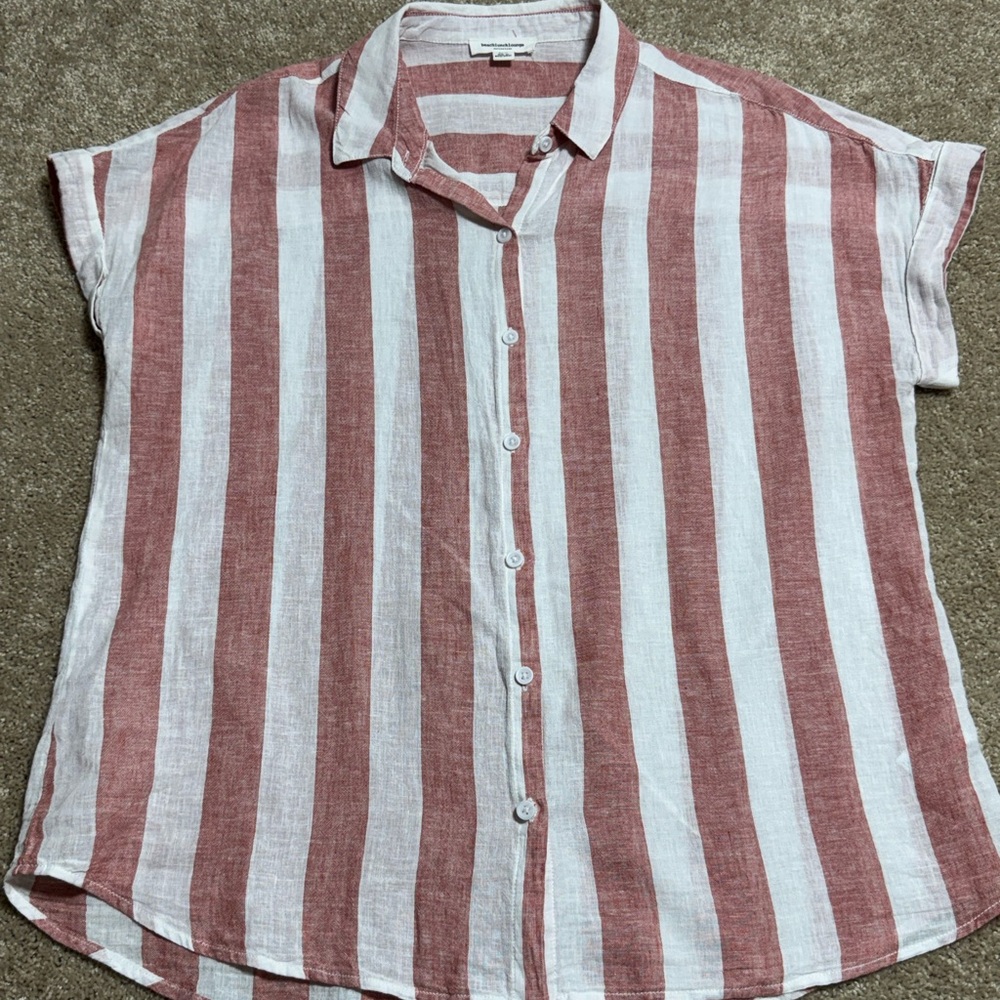 beachlunchlounge Rust and White Vertical Stripe Button-Down Top linen